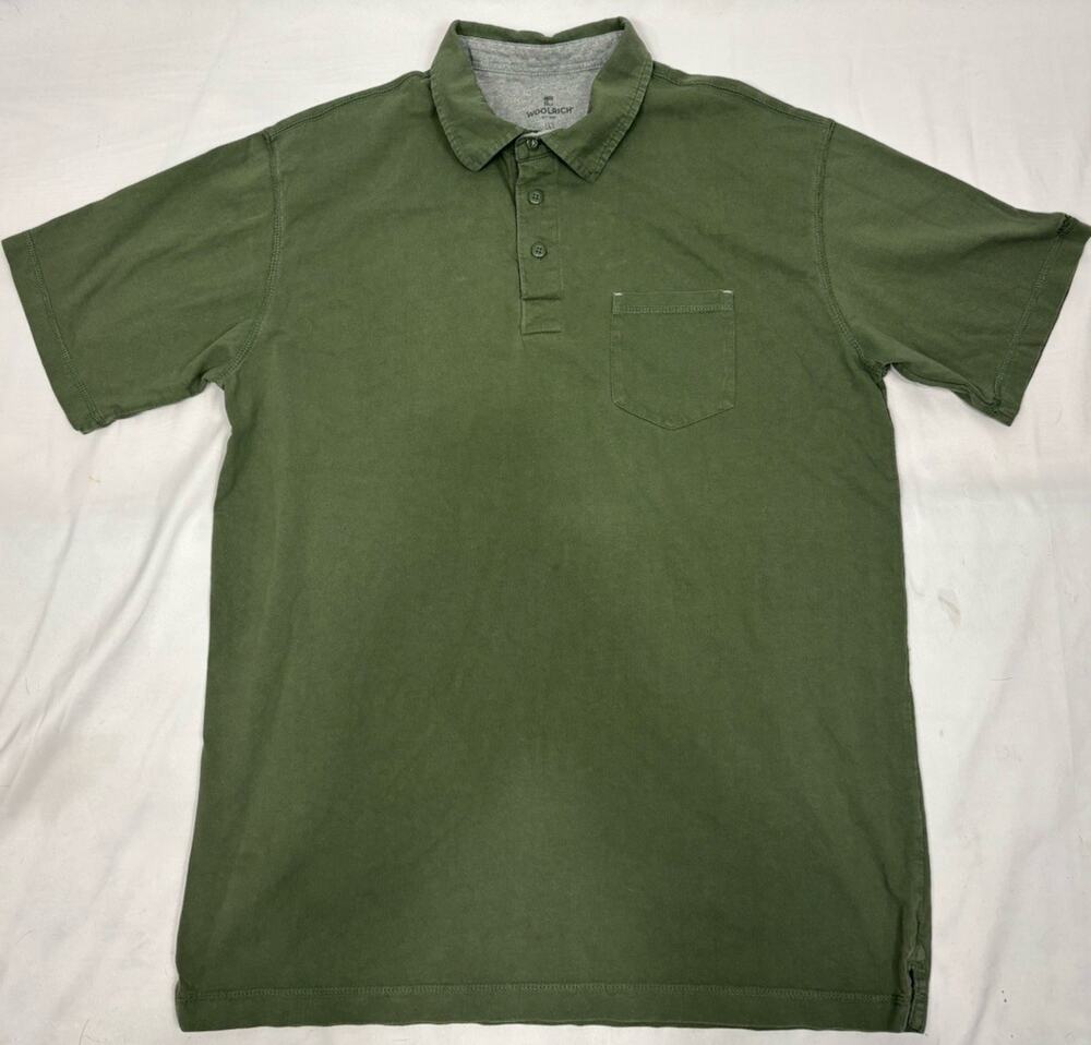 Woolrich Men’s Polo Shirt Size L Green Short Sleeve Pocket Preppy Casual Cotton